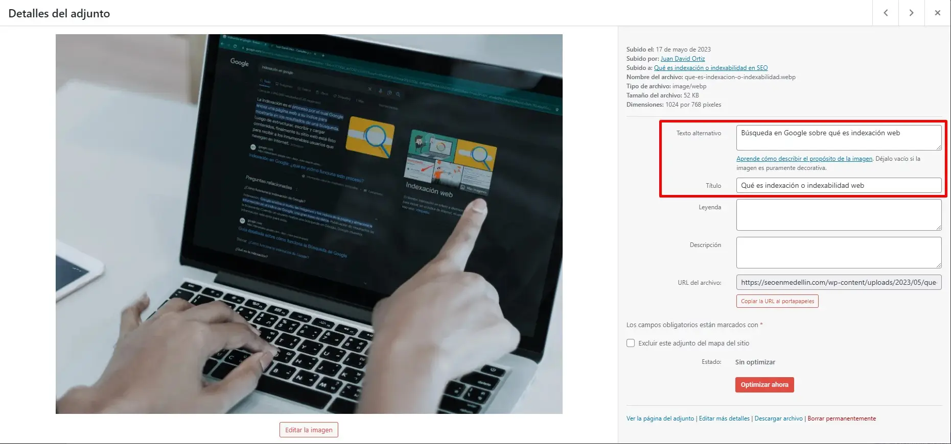 Alt Text o texto alternativo en WordPress